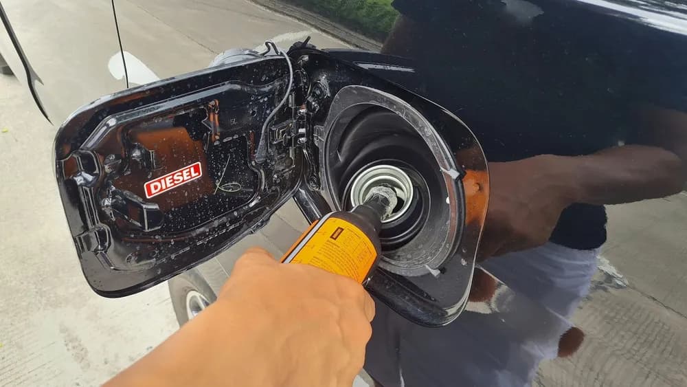 Diesel Additiv einfüllen. Hand befüllt Dieseltank mit Additiv, Tipps für Dieselpflege.